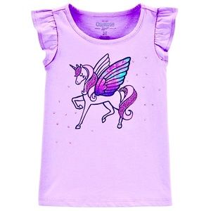 Oshkosh B’gosh Toddler Girls 3t Lilac Unicorn Graphic Flutter Sleeves Tshirt Top